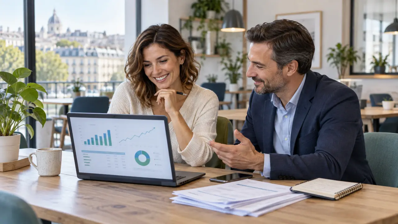 Dirigeante de TPE consultant un tableau de trésorerie avec son expert-comptable