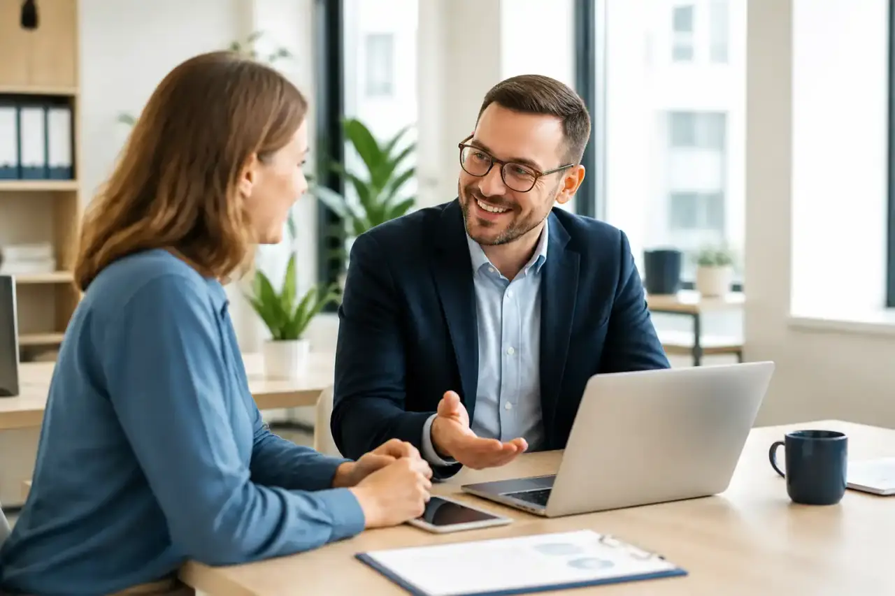 Entrepreneur et expert-comptable collaborant sur des outils digitaux dans un bureau moderne