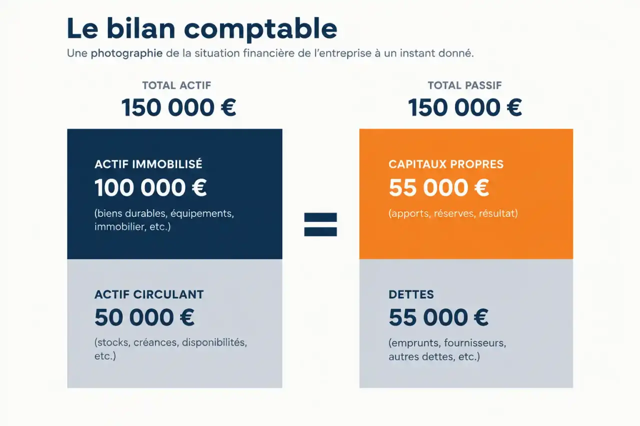 Schéma d'un tableau de bilan comptable montrant l'égalité entre l'actif et le passif à 150 000 €