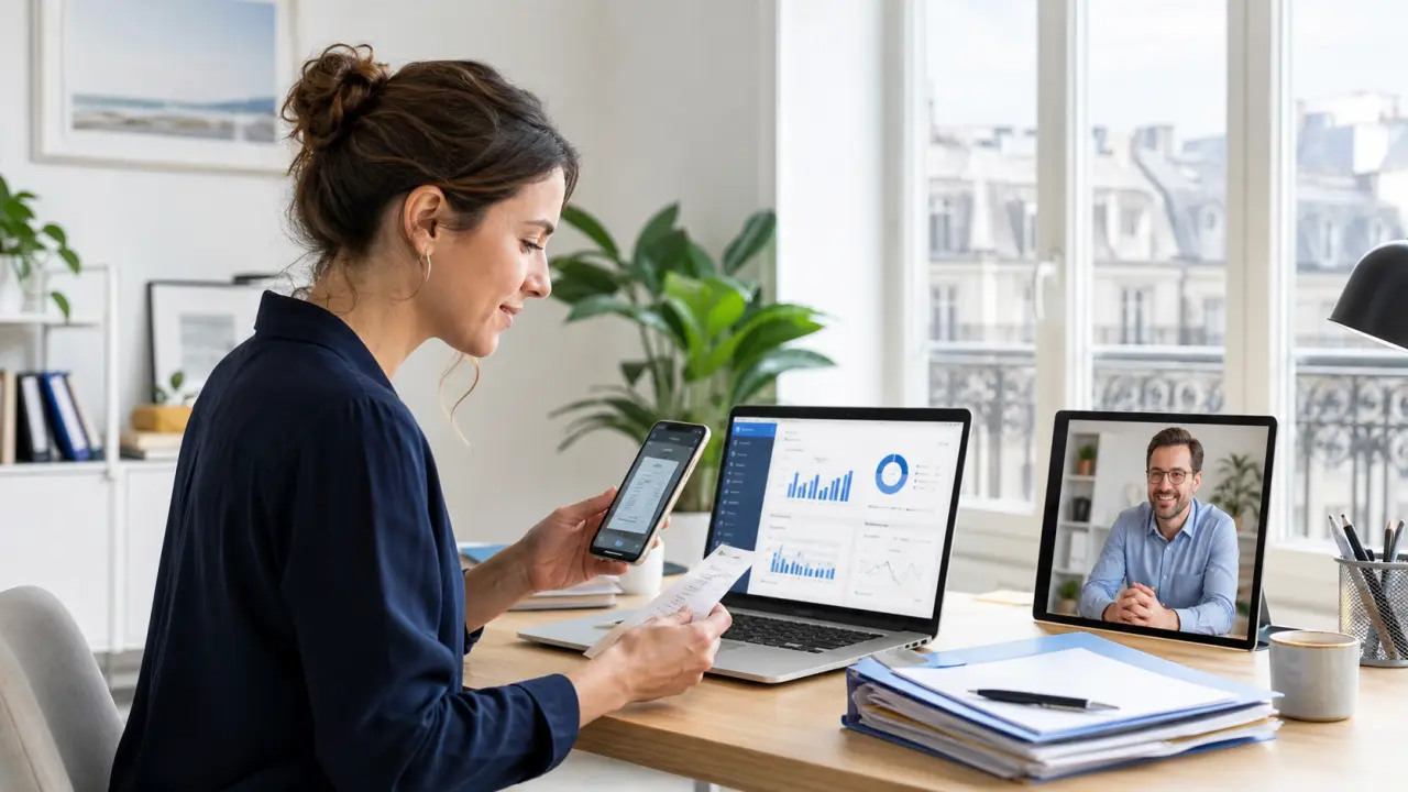 Entrepreneur échangeant avec un expert-comptable dans un bureau moderne et lumineux