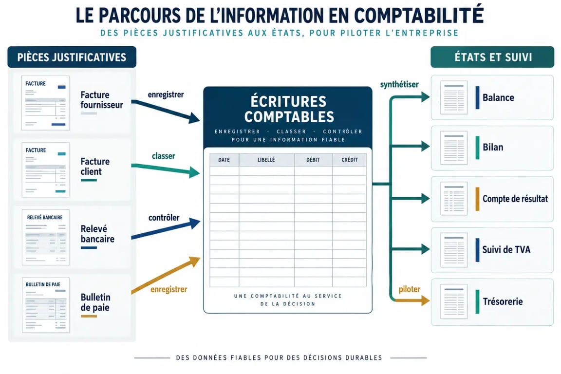 La comptabilité pour les nuls : schéma du parcours des pièces justificatives vers le bilan et le compte de résultat