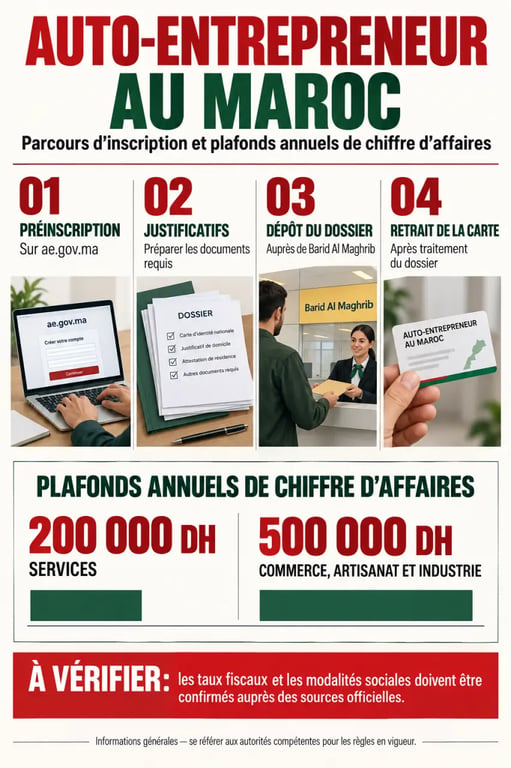 Infographie du statut d’auto-entrepreneur au Maroc : inscription, plafonds et obligations