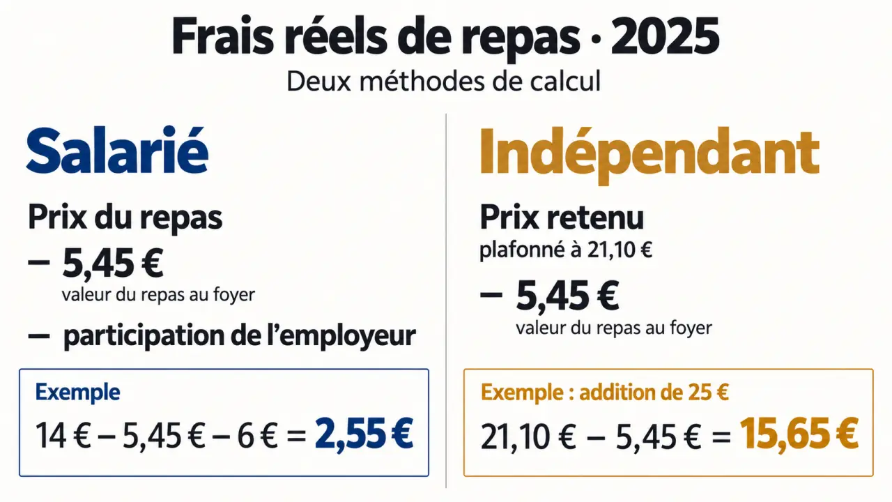 Infographie sur le calcul des frais reel repas pour un salarié et un indépendant en 2025