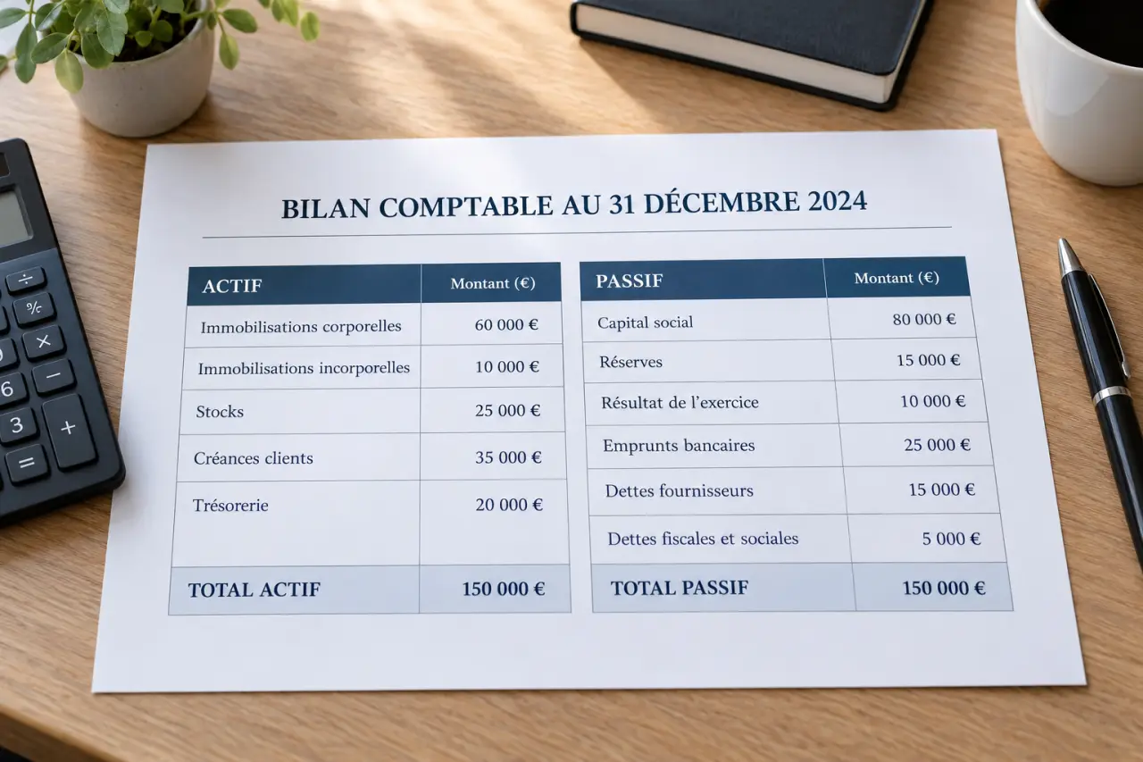 Tableau de bilan comptable : actif et passif à 150 000 €, poste par poste