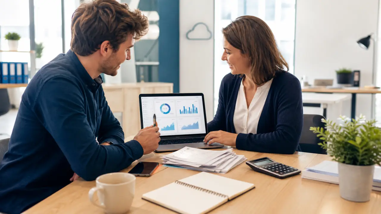 Entrepreneur et expert-comptable travaillant ensemble dans un bureau moderne et lumineux