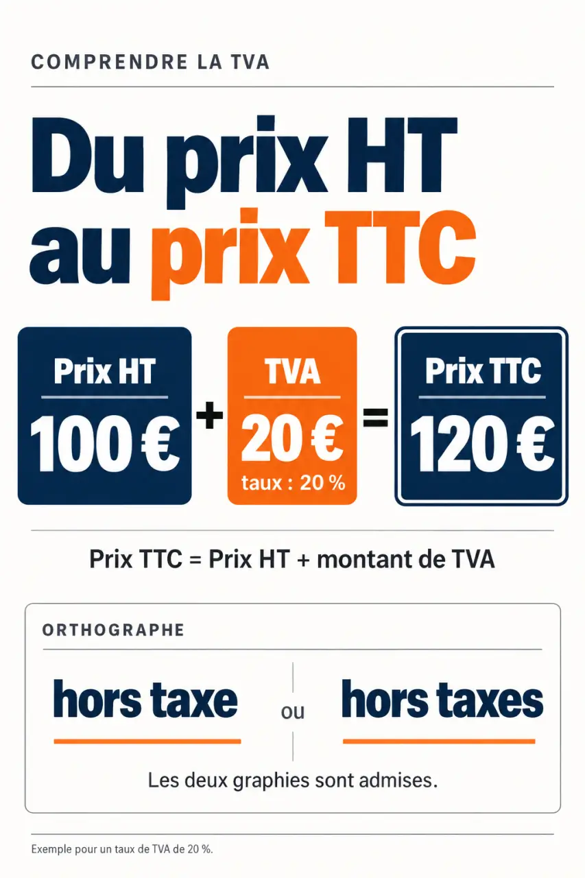 Infographie hors taxe ou hors taxes : relation entre prix HT, TVA et prix TTC