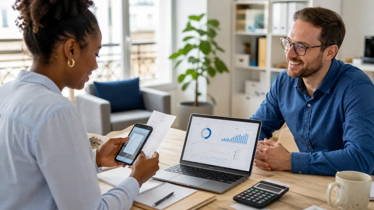 Entrepreneur consultant sa stratégie de lancement avec un expert-comptable dans un bureau moderne