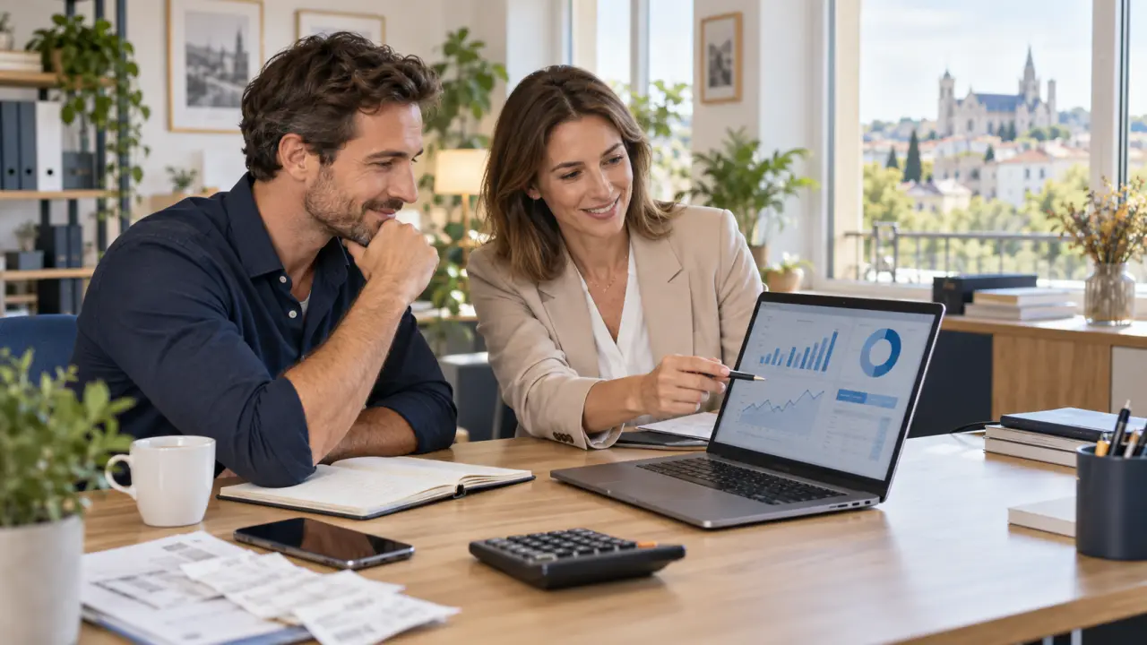 Dirigeant consultant un tableau de trésorerie sur une tablette dans un bureau lumineux